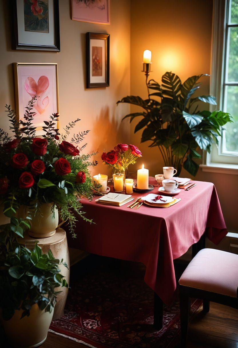 A cozy, intimate setting featuring a couple sharing a heartfelt moment, surrounded by soft candlelight and lush green plants symbolizing growth. Include delicate heart shapes in the background and a warm, inviting color palette that evokes feelings of love and connection. Incorporate subtle elements like a small table filled with handwritten love notes and a steaming cup of tea. super-realistic. vibrant colors. warm tones.