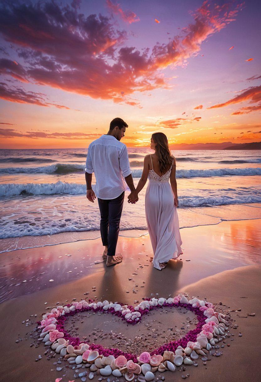 A serene beach scene at sunset, with gently rolling waves kissing the shore. In the foreground, a couple holding hands, gazing into each other's eyes, surrounded by heart-shaped seashells and scattered rose petals. The sky is painted in shades of pink, orange, and purple, symbolizing romance and warmth. Ethereal floating hearts and soft, glowing light add a magical touch to the atmosphere. super-realistic. vibrant colors. romantic atmosphere.